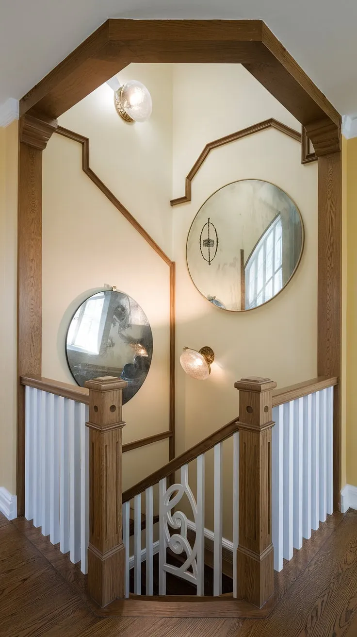 Sunlight streams into this elegant enclosed stairwell, highlighting the rich dark wood floors and the artistic circular mirror that anchors the accent staircase wall. The soft beige walls, complemented by a simple wall sconce, create a serene atmosphere. This corner staircase, with its white railings and thoughtful staircase decor ideas, offers inspiration for your own stairwell wall ideas.