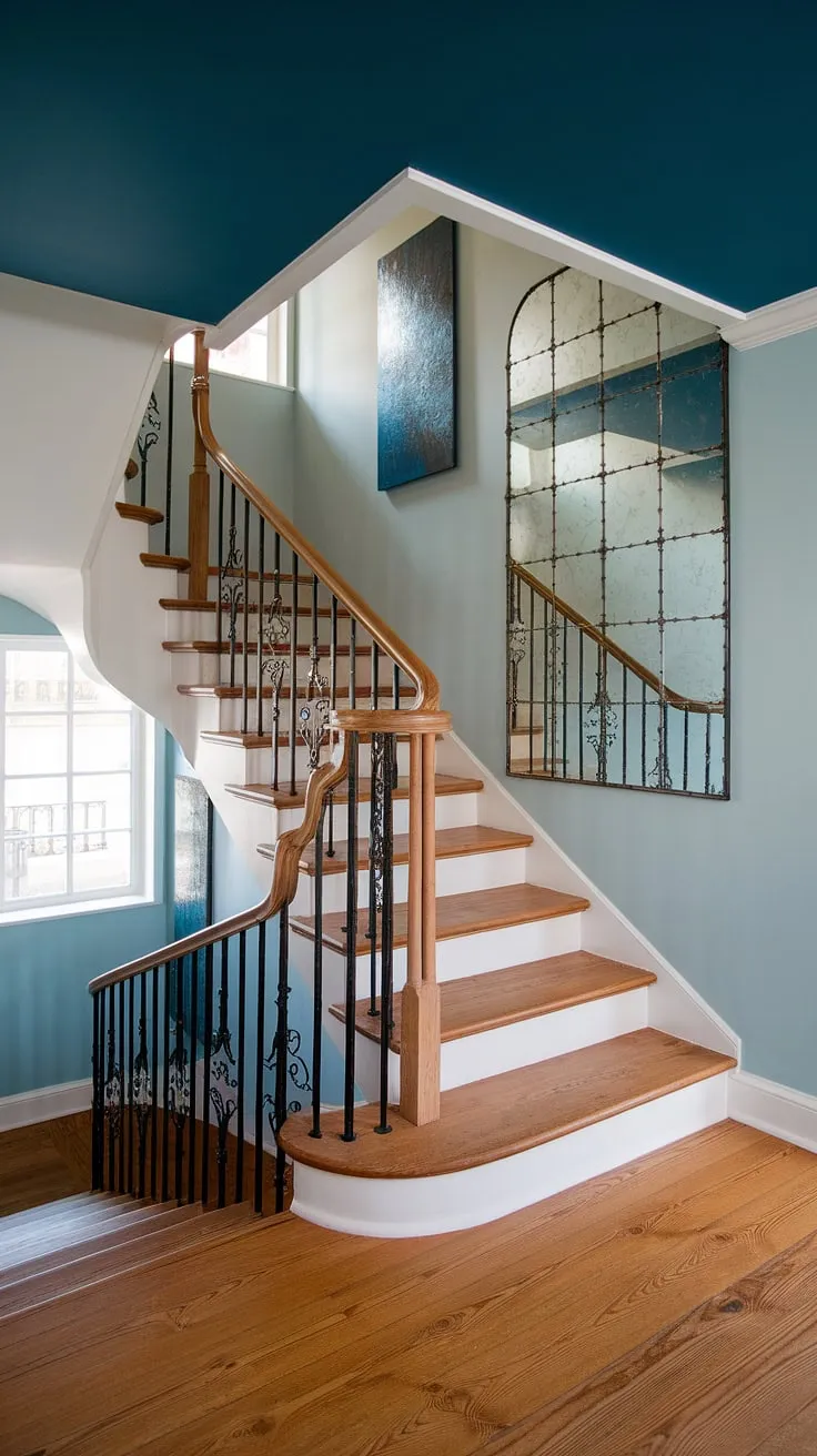 This corner staircase, nestled within an enclosed stairwell, is a masterclass in elegance.  The stairwell wall ideas showcased here, particularly the stunning mirror, elevate the space.  Consider this a treasure trove of inspiration for your own staircase decor ideas, proving that even a small space can make a grand statement.