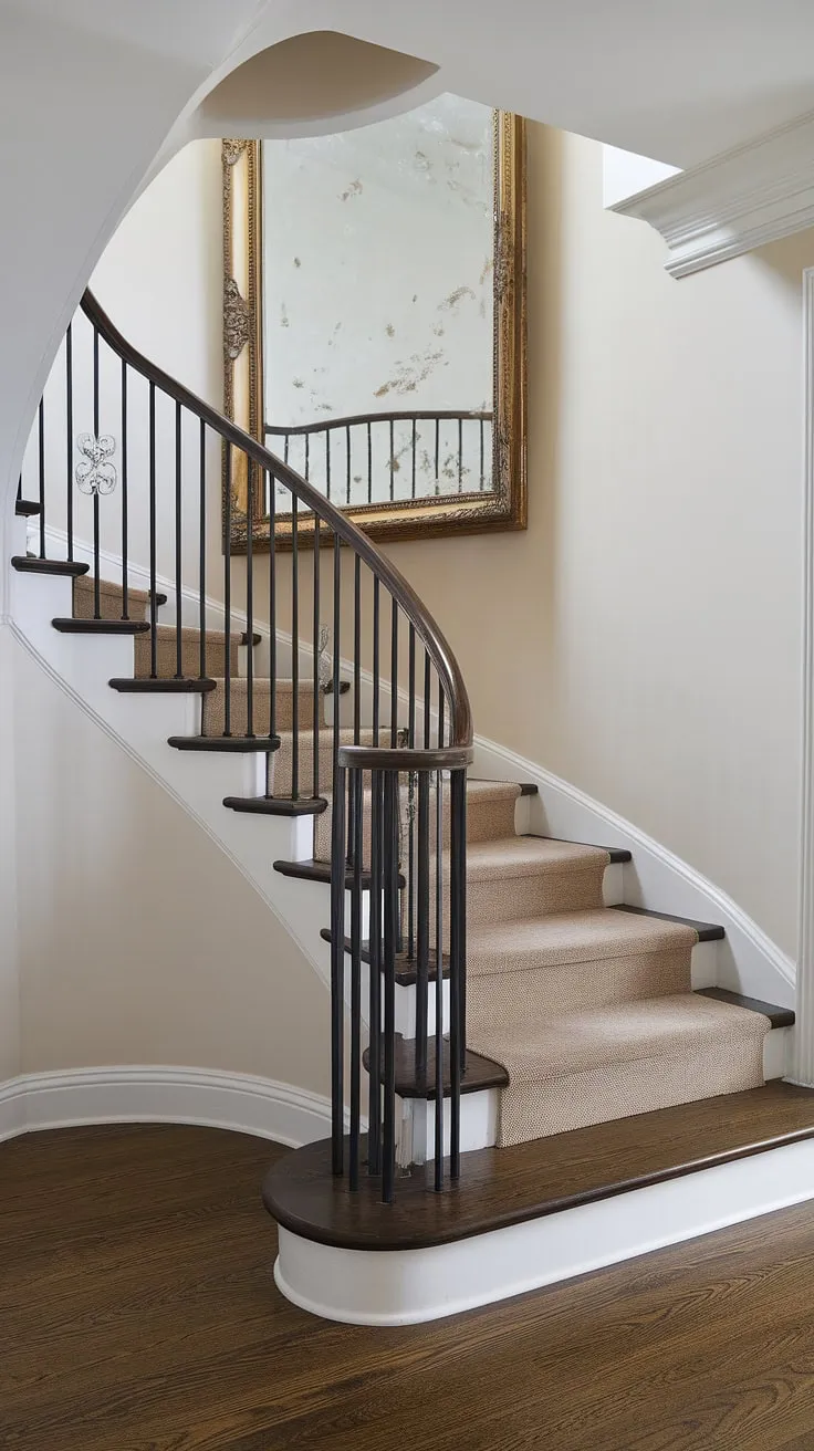 The beauty of a well-designed corner staircase is undeniable.  This enclosed stairwell decor, featuring a curved railing and a striking gold-framed mirror on the accent staircase wall, offers endless inspiration for your own staircase decor ideas.  Notice how the mirror expands the space and adds a touch of luxury to the stairwell wall ideas.
