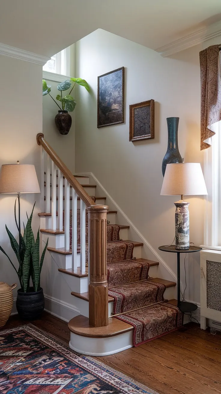 This corner staircase, bathed in soft lamplight, showcases elegant staircase decor ideas.  The enclosed stairwell decor, featuring a thoughtfully curated accent staircase wall with artwork and plants, transforms this space into a charming focal point.  Notice the stairwell wall ideas—simple yet impactful.