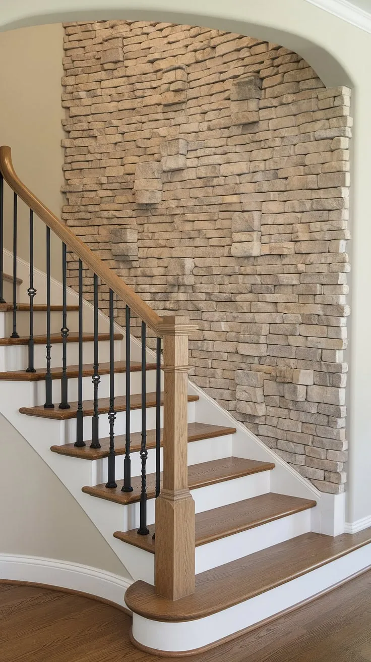 This corner staircase, nestled within an enclosed stairwell, becomes a stunning focal point thanks to the layered stone accent staircase wall.  The interplay of wood and stone offers endless staircase decor ideas and provides inspiration for stairwell wall ideas.