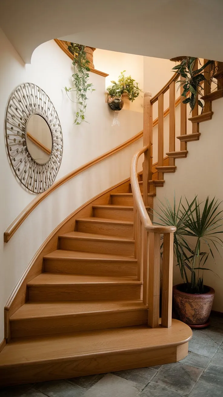 This corner staircase design proves that even an enclosed stairwell can be a statement piece. Note the stairwell wall ideas and the perfect balance of plants and a decorative mirror on the accent staircase wall.