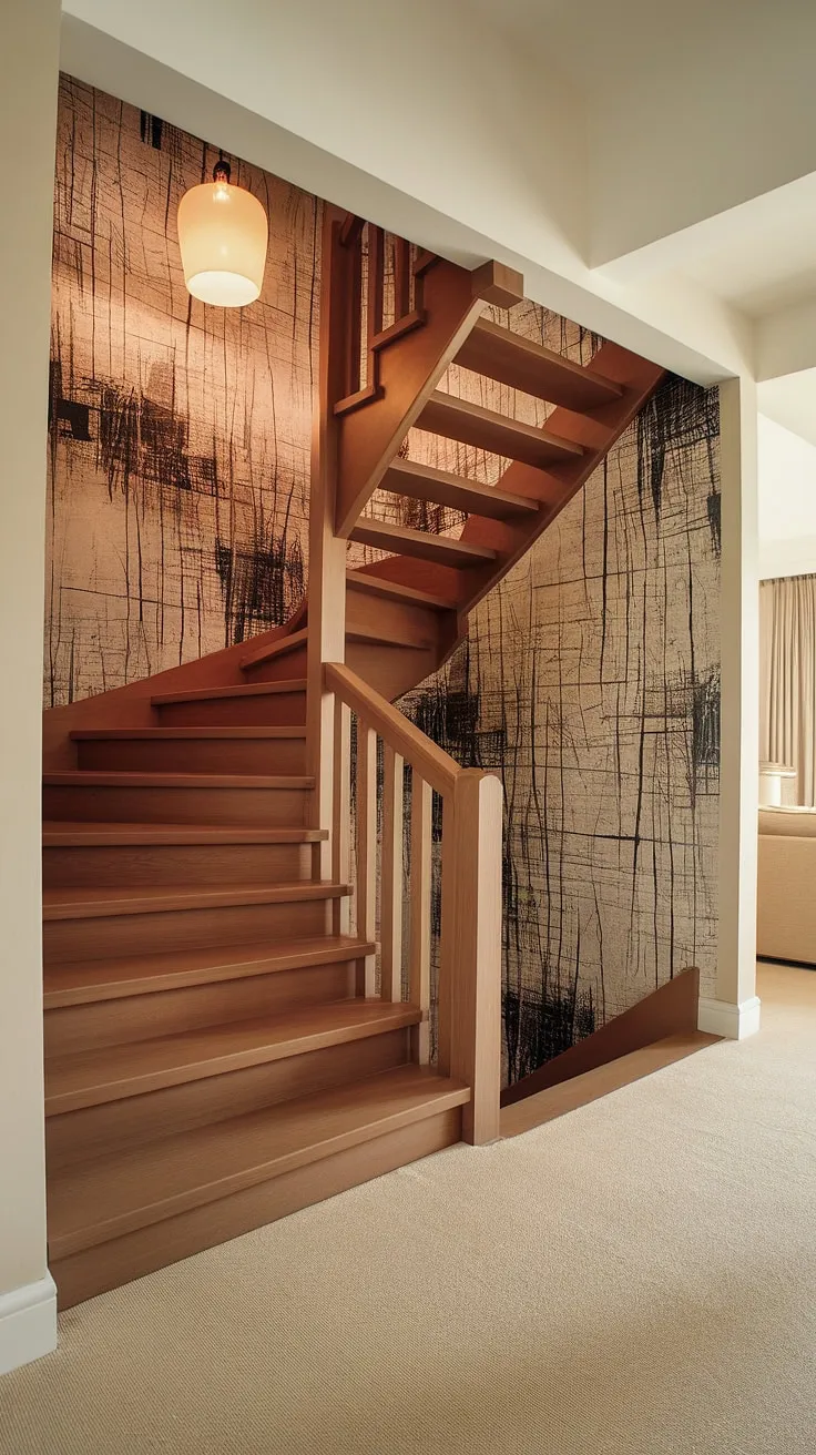 This image showcases stunning enclosed stairwell decor, featuring a beautifully designed corner staircase. The stairwell wall ideas are brilliantly executed with a large abstract piece, creating a focal point in this light and airy room. Note the thoughtful use of lighting and the overall sophisticated aesthetic, providing excellent staircase decor ideas for a modern home.