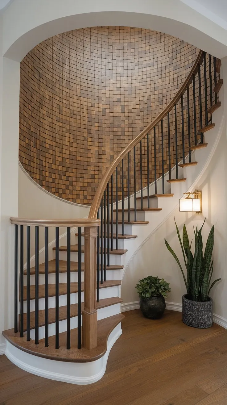 This corner staircase, a stunning example of staircase decor ideas, is beautifully framed by an enclosed stairwell. The accent staircase wall, adorned with a captivating circular pattern of wooden planks, elevates the space. A potted plant and lamp add warmth, showcasing creative stairwell wall ideas. The golden accents on the wooden railing complete the luxurious feel.