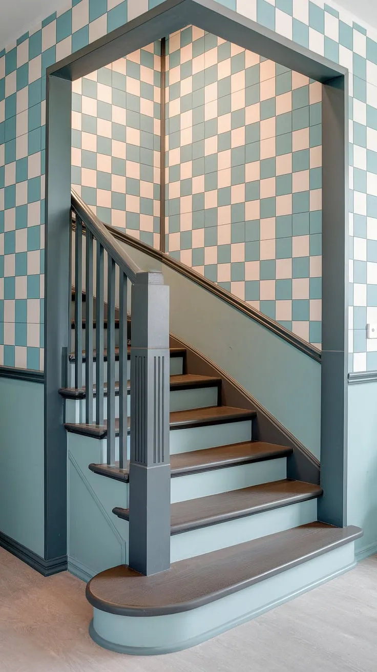 The enclosed stairwell decor is elevated by this elegant corner staircase. Note the clever stairwell wall ideas: the alternating light blue and white squares on the accent staircase wall add a touch of playful sophistication. The matte black railing and dark grey step accents provide a modern contrast against the light grey flooring, offering inspiration for your own staircase decor ideas.