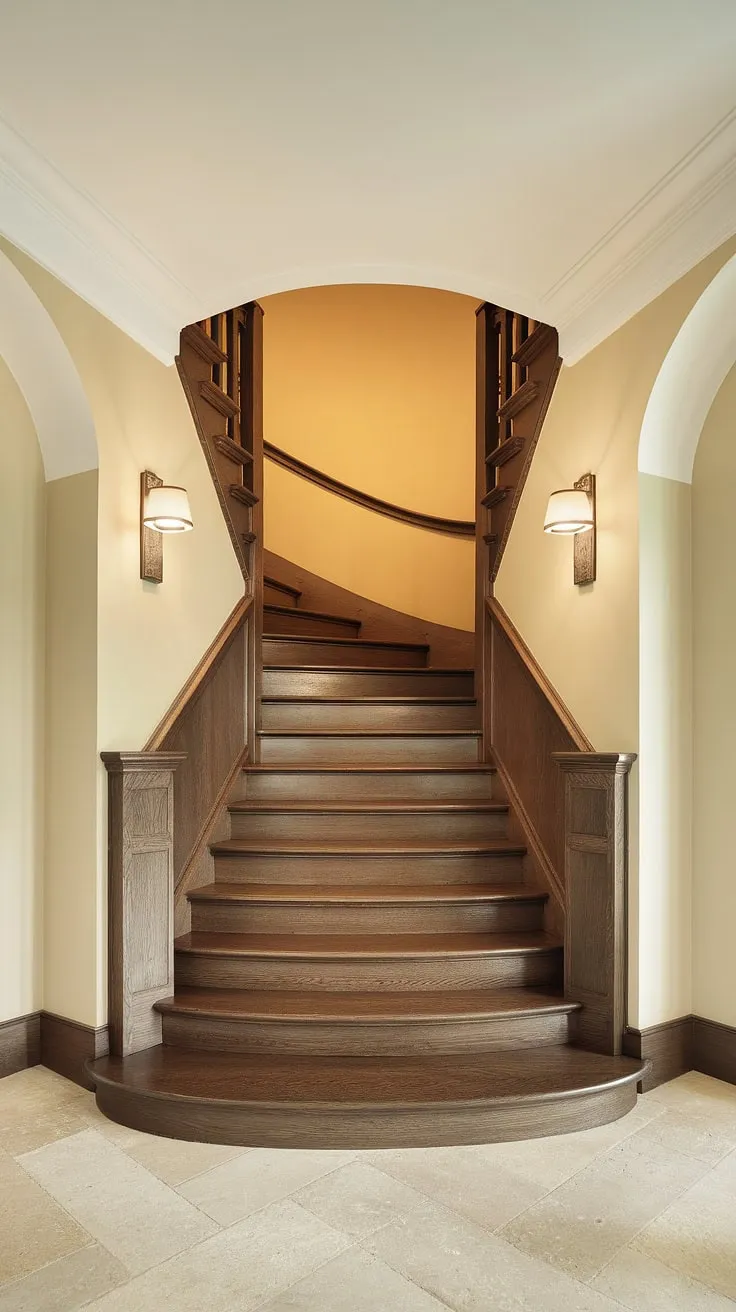 This corner staircase, a masterpiece of staircase decor ideas, transforms this enclosed stairwell into a welcoming space. Note the elegant stairwell wall ideas and accent staircase wall lighting.