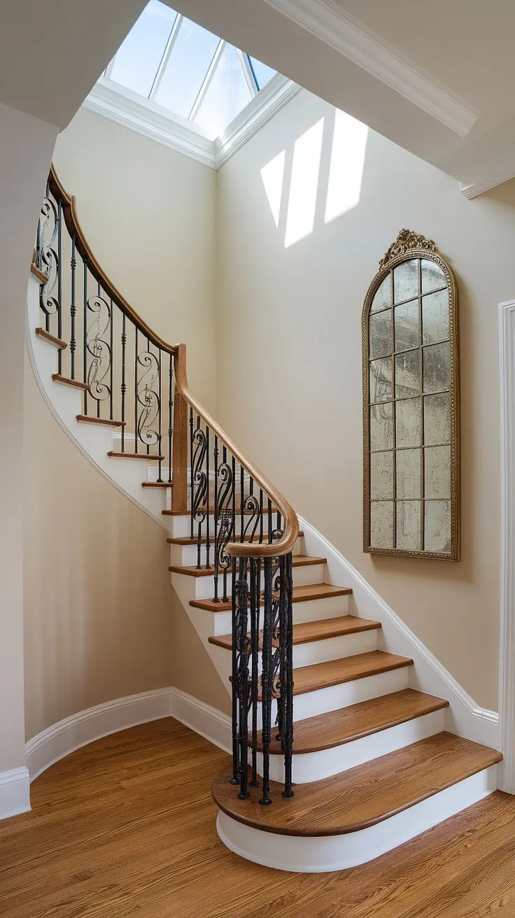 Elegant corner staircase design; the perfect blend of classic wrought iron and a statement mirror. Staircase decor ideas abound in this enclosed stairwell, showcasing stunning stairwell wall ideas and an accent staircase wall.