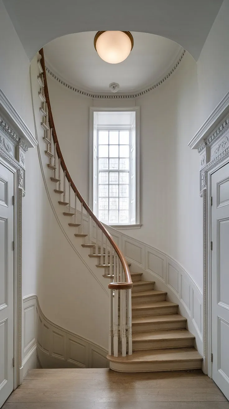 Elegant curves and classic white walls define this corner staircase, showcasing sophisticated staircase decor ideas. The enclosed stairwell decor is completed with subtle molding details and a charming windowed landing, offering inspiration for stairwell wall ideas and accent staircase wall treatments.