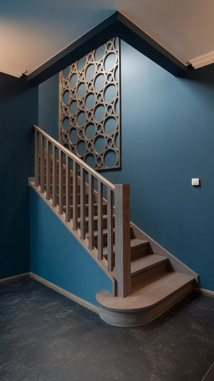 This corner staircase showcases sophisticated enclosed stairwell decor. The accent staircase wall's intricate pattern complements the dark blue walls and textured flooring, offering inspiring stairwell wall ideas for your own home.