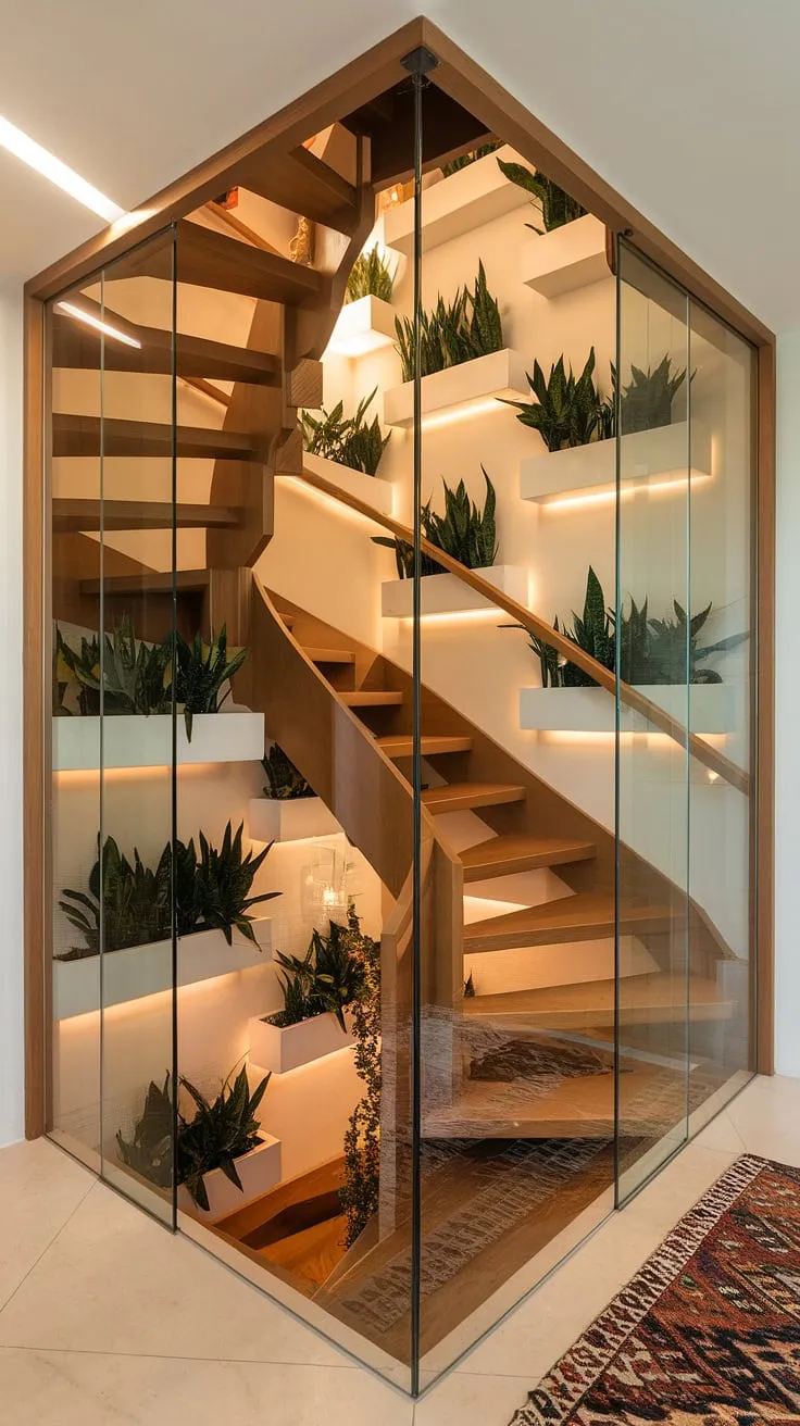 This corner staircase, bathed in warm light, showcases stunning enclosed stairwell decor.  The accent staircase wall, alive with greenery, offers inspiring staircase decor ideas, transforming a functional space into a breathtaking focal point. The patterned rug adds a final touch of elegance.