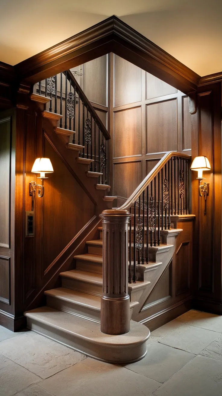 This corner staircase, nestled within a beautifully paneled room, showcases sophisticated staircase decor ideas. The combination of wooden banister and iron railing, along with the thoughtful lighting, elevates this enclosed stairwell decor.  Consider this a masterclass in stairwell wall ideas and accent staircase wall design.