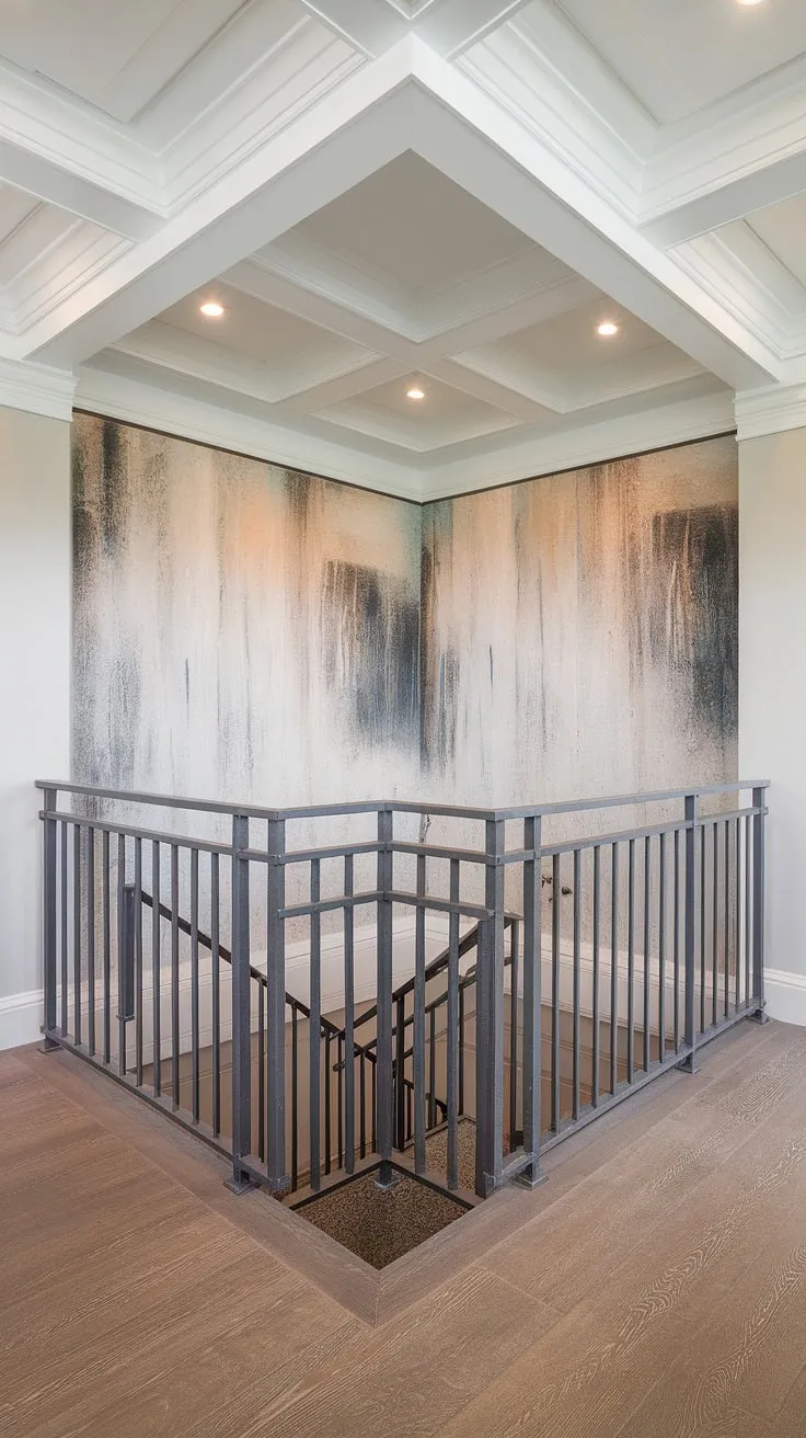 The interplay of light and shadow on this corner staircase, enhanced by the bold abstract art on the accent staircase wall, transforms a simple enclosed stairwell into a captivating gallery.  These staircase decor ideas showcase how a thoughtfully designed stairwell can become a stunning focal point.