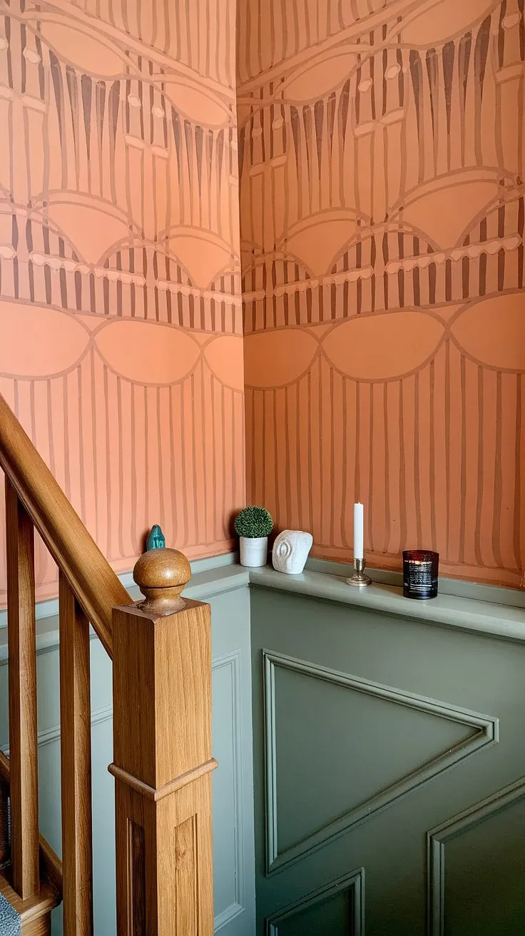 This corner staircase, adorned with a vibrant geometric wallpaper, showcases the perfect blend of style and functionality.  The accent staircase wall, complete with carefully chosen décor, transforms this enclosed stairwell into a captivating focal point.  Plenty of stairwell wall ideas and staircase decor ideas are on display here.