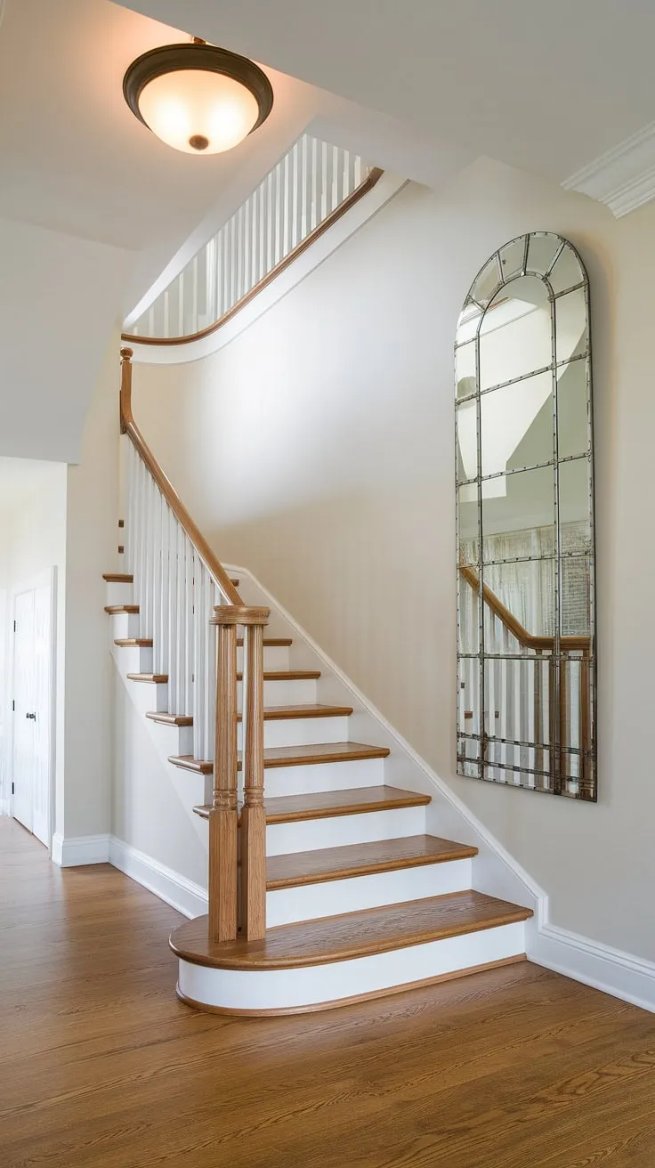 This corner staircase, bathed in natural light, showcases elegant staircase decor ideas. The enclosed stairwell decor is elevated by the stunning accent staircase wall featuring a grand decorative mirror, reflecting the beauty of the wooden steps and high ceilings.