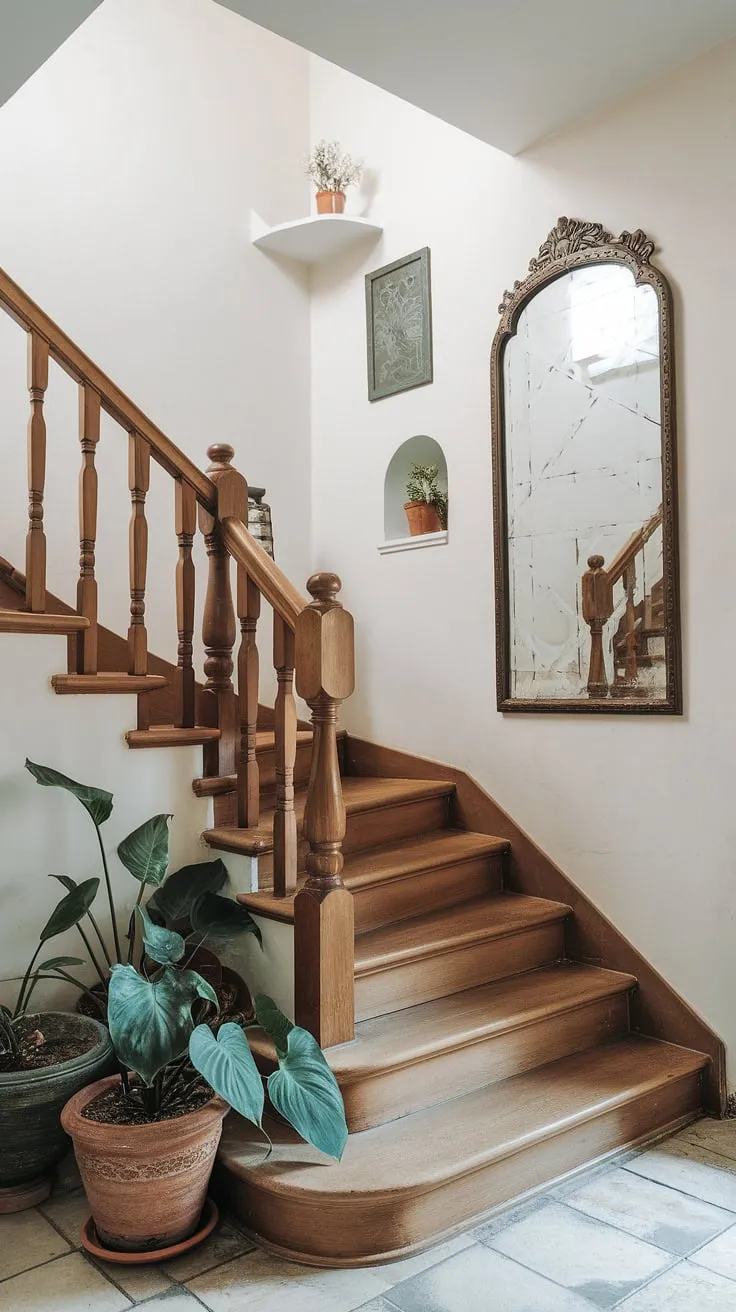 This enclosed stairwell decor perfectly balances form and function.  The corner staircase is beautifully complemented by the white wall, a statement mirror, and thoughtful touches of greenery, offering inspiring stairwell wall ideas and showcasing the potential of a simple accent staircase wall.
