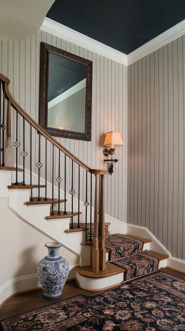This corner staircase is a masterclass in enclosed stairwell decor.  The stairwell wall ideas, featuring a statement mirror and carefully chosen lighting, perfectly complement the wooden balusters and wrought iron handrail.  Discover more inspiration for your own staircase decor ideas with this captivating space.