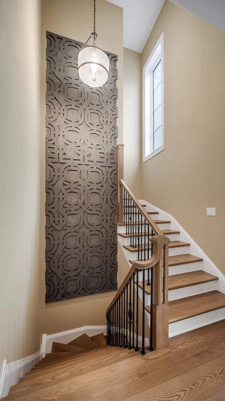 The elegant curve of this corner staircase, bathed in soft light, is perfectly complemented by the striking circular accent wall.  A masterclass in enclosed stairwell decor and stairwell wall ideas, showcasing how a simple design choice can elevate the entire space.  This is staircase decor inspiration at its finest.