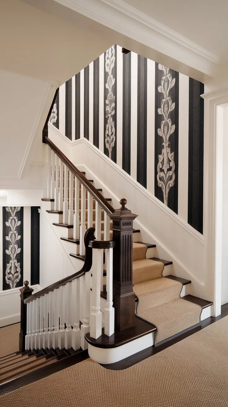 The interplay of light and shadow on this beige carpeted staircase, framed by a dark wooden railing and a captivating black and white striped accent staircase wall, is simply stunning.  Explore these enclosed stairwell decor and stairwell wall ideas for your own home; this corner staircase is a testament to the transformative power of thoughtful design.