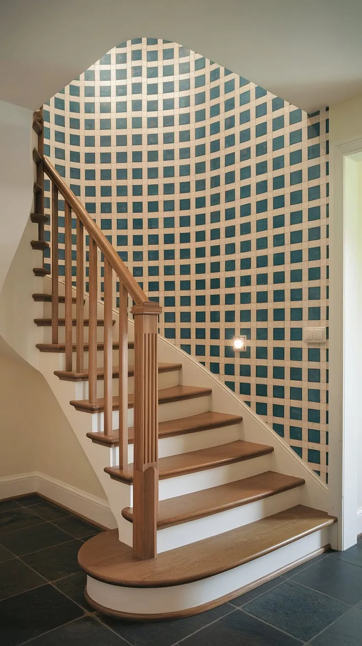 The soft light dances across the wooden steps of this corner staircase, highlighting the intricate blue and white pattern of the accent staircase wall.  A perfect example of enclosed stairwell decor and staircase decor ideas, this space effortlessly blends style and functionality.