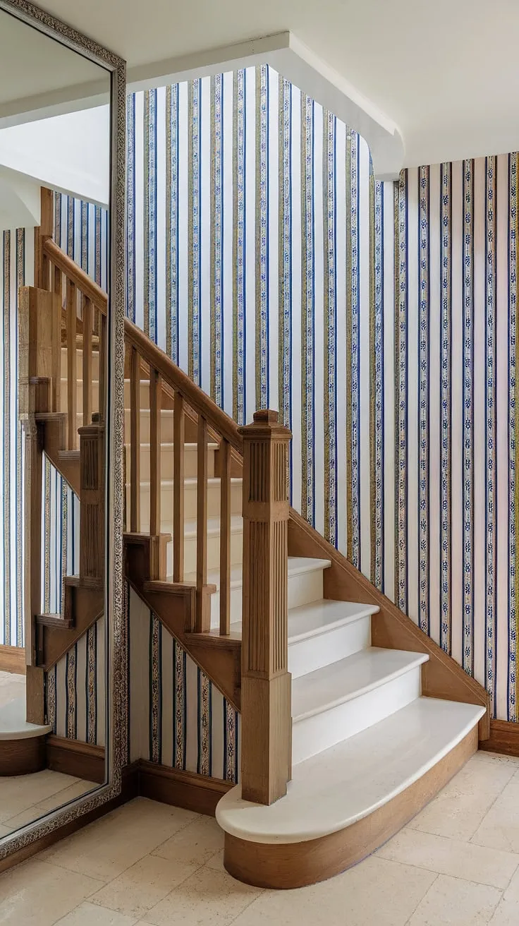 This enclosed stairwell's elegant corner staircase, adorned with a rich wooden banister, is the perfect example of staircase decor ideas. The accent staircase wall, featuring a striking decorative mirror, complements the blue, white, and gold striped wallpaper on the opposite wall, showcasing creative stairwell wall ideas for a truly luxurious feel.