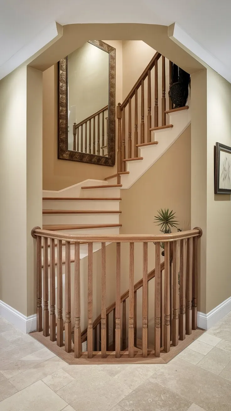 Sunlight streams into this charming enclosed stairwell, highlighting the elegant corner staircase and the stunning decorative mirror on the accent staircase wall.  Perfect staircase decor ideas for maximizing space and adding a touch of sophistication.