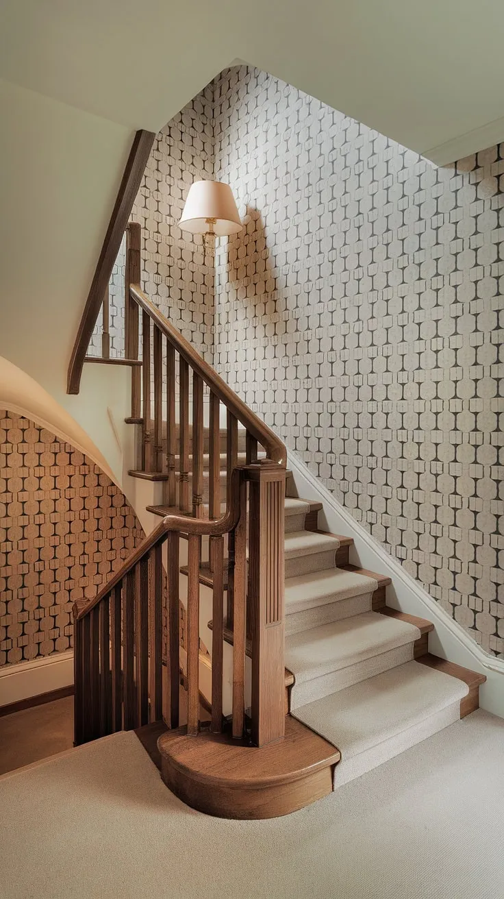 The enclosed stairwell's beige walls, adorned with a striking black and white geometric pattern, create a captivating backdrop for this corner staircase.  Simple yet sophisticated, this space offers endless enclosed stairwell decor and stairwell wall ideas for those seeking unique accent staircase wall designs.