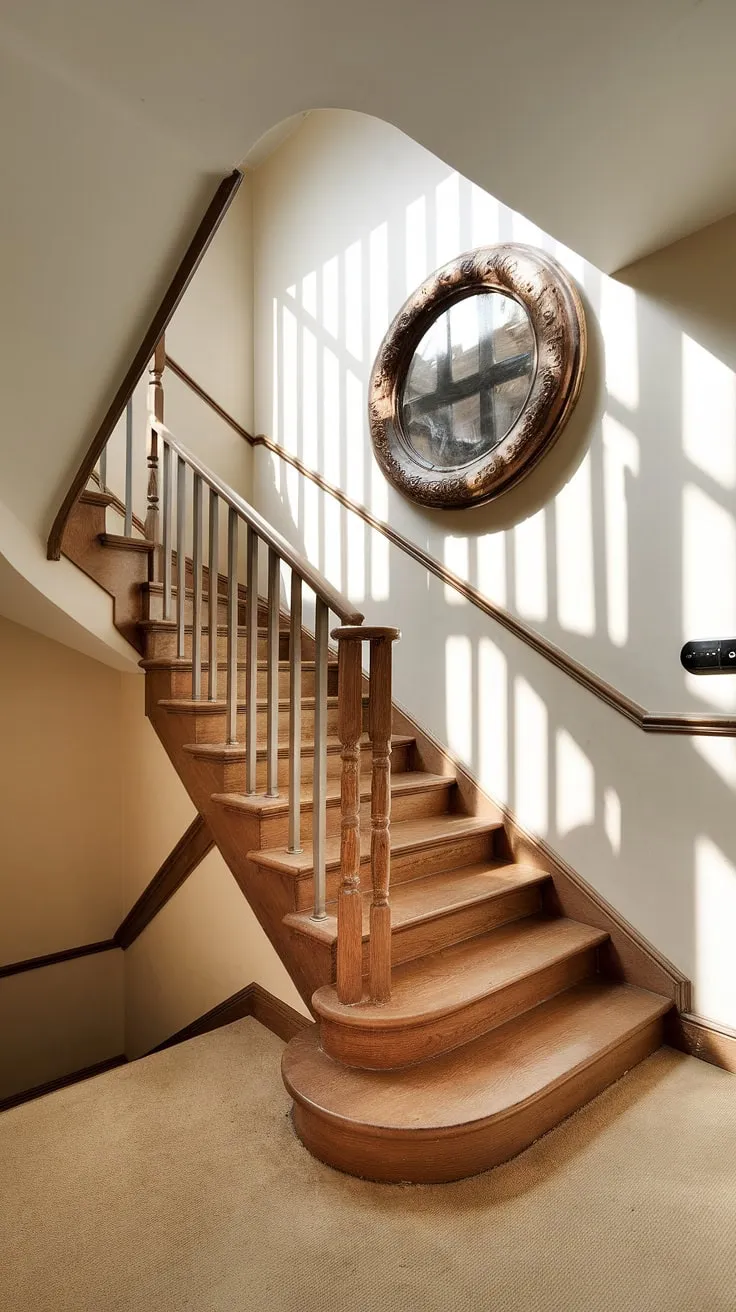 The elegant curve of this corner staircase, bathed in soft light, is perfectly complemented by the dramatic round mirror on the accent staircase wall.  This enclosed stairwell decor showcases stunning staircase decor ideas, transforming a functional space into a captivating focal point.