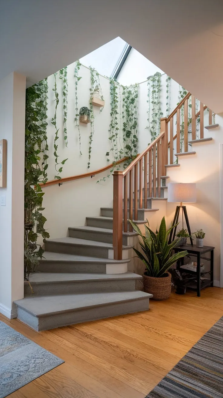This modern home showcases stunning enclosed stairwell decor.  The corner staircase, with its sleek concrete steps and wooden railing, is perfectly complemented by the stairwell wall ideas on display: a vibrant living wall, subtle lighting, and carefully placed plants.  Find inspiration for your own staircase decor ideas here.