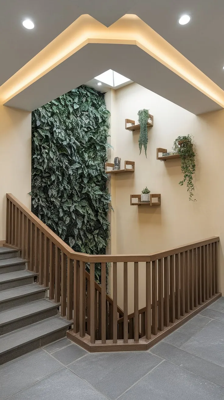 This corner staircase, bathed in soft light, showcases stunning enclosed stairwell decor.  The accent staircase wall, adorned with a towering white plant, complements the thoughtfully curated shelves opposite, offering a wealth of staircase decor ideas for your own home.