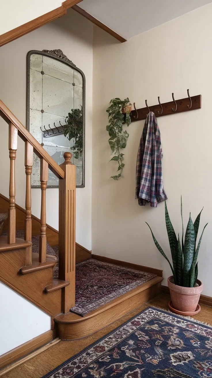 This corner staircase, enhanced by a grand decorative mirror on the accent staircase wall, showcases elegant enclosed stairwell decor.  The thoughtful placement of a coat rack and plant offers practical yet stylish staircase decor ideas.