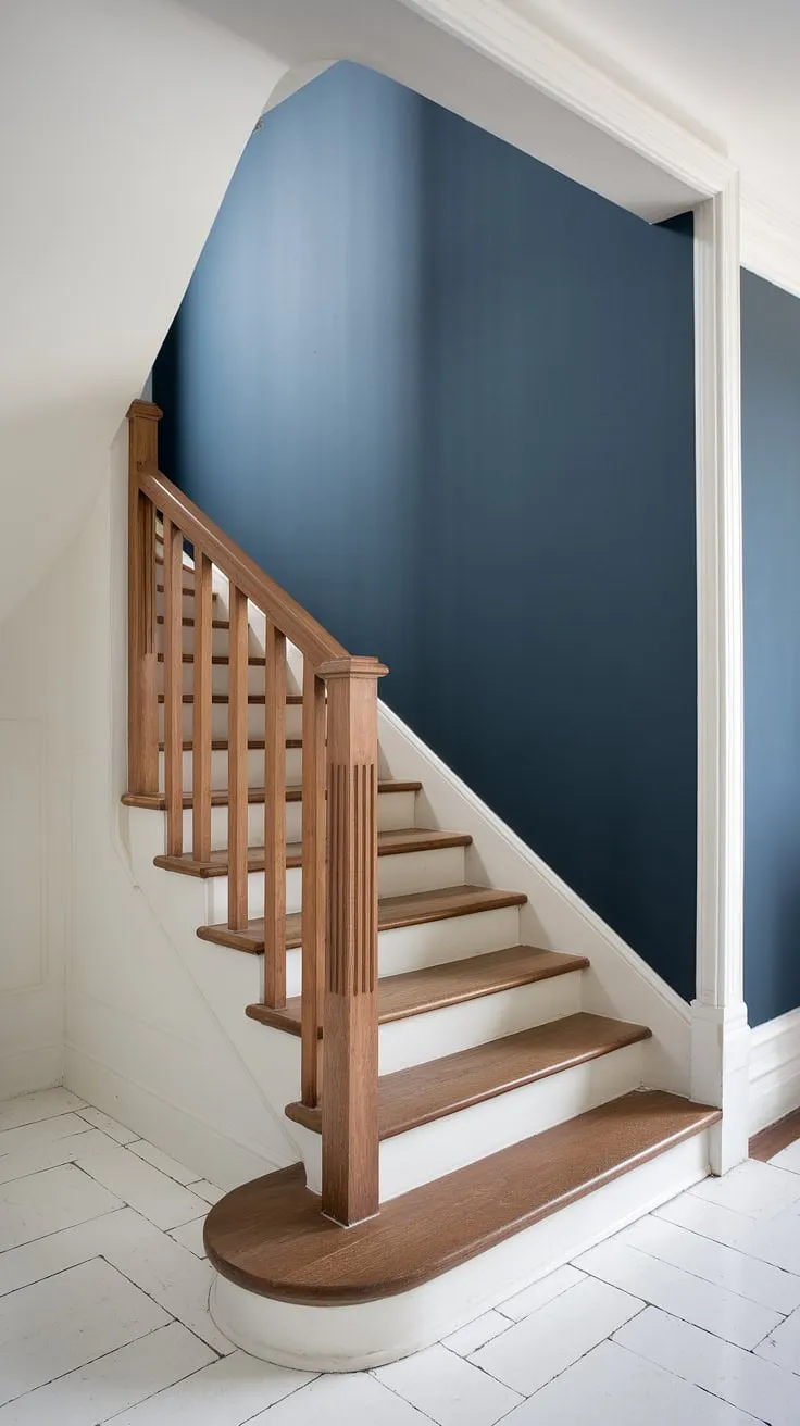 Sunlight streams into this bright and airy space, highlighting the elegant contrast of the white walls and the rich, dark blue accent staircase wall.  This corner staircase, with its simple wooden railing, offers endless staircase decor ideas for an enclosed stairwell.  The design showcases how a bold stairwell wall ideas can transform a simple corner staircase into a stunning focal point.