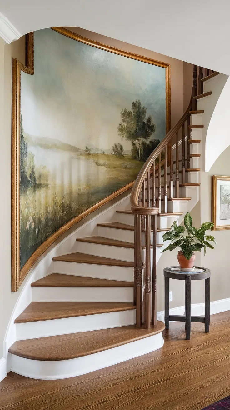 This enclosed stairwell decor transforms a simple corner staircase into a captivating focal point.  The stairwell wall ideas are brilliantly executed with a large, serene landscape painting, creating a stunning accent staircase wall.  A perfect example of how thoughtful details can elevate your staircase decor ideas.