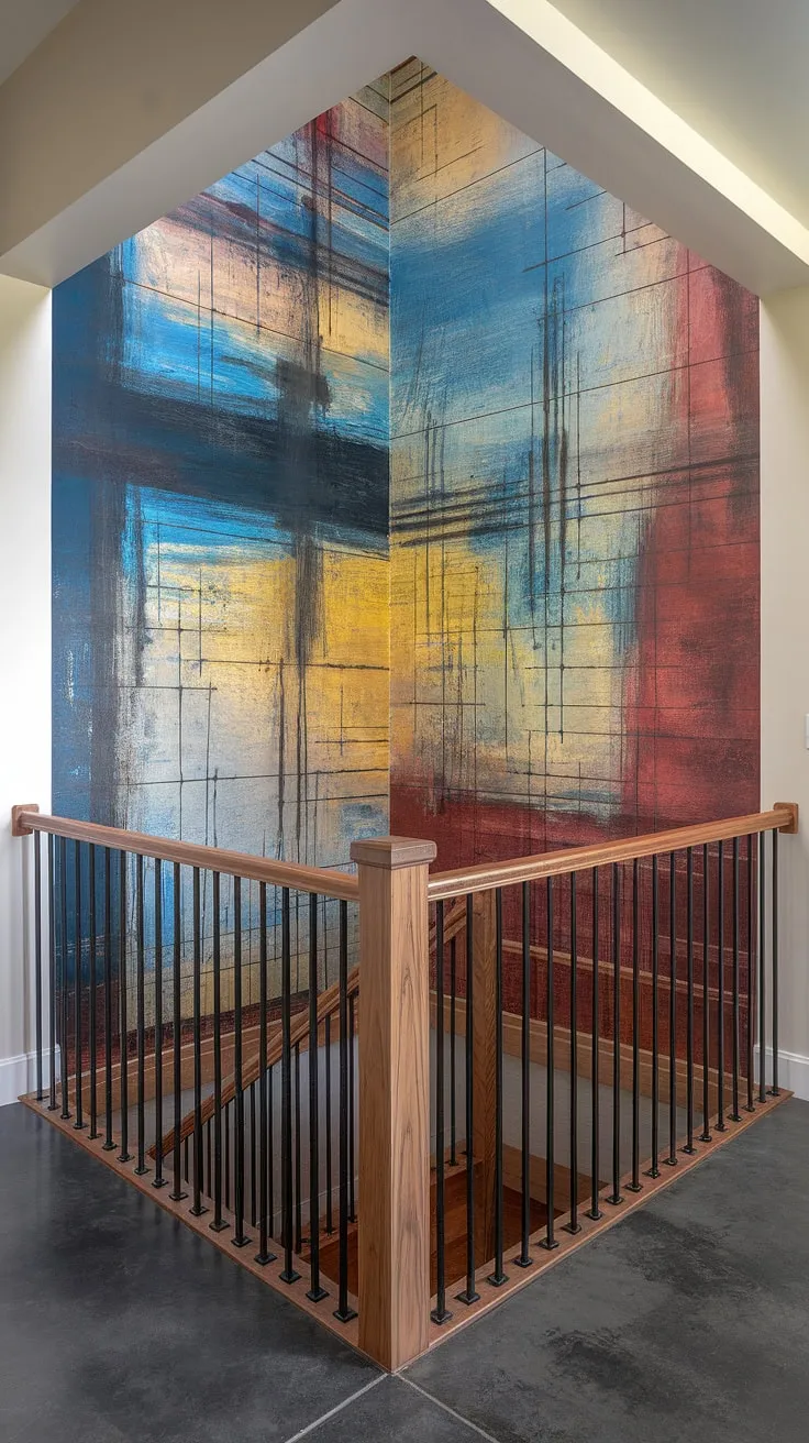 Modern art meets modern architecture. This enclosed stairwell, featuring a corner staircase with a sleek metal and wood design, is elevated by a vibrant abstract painting that serves as a stunning accent staircase wall.  Perfect staircase decor ideas for a contemporary home.