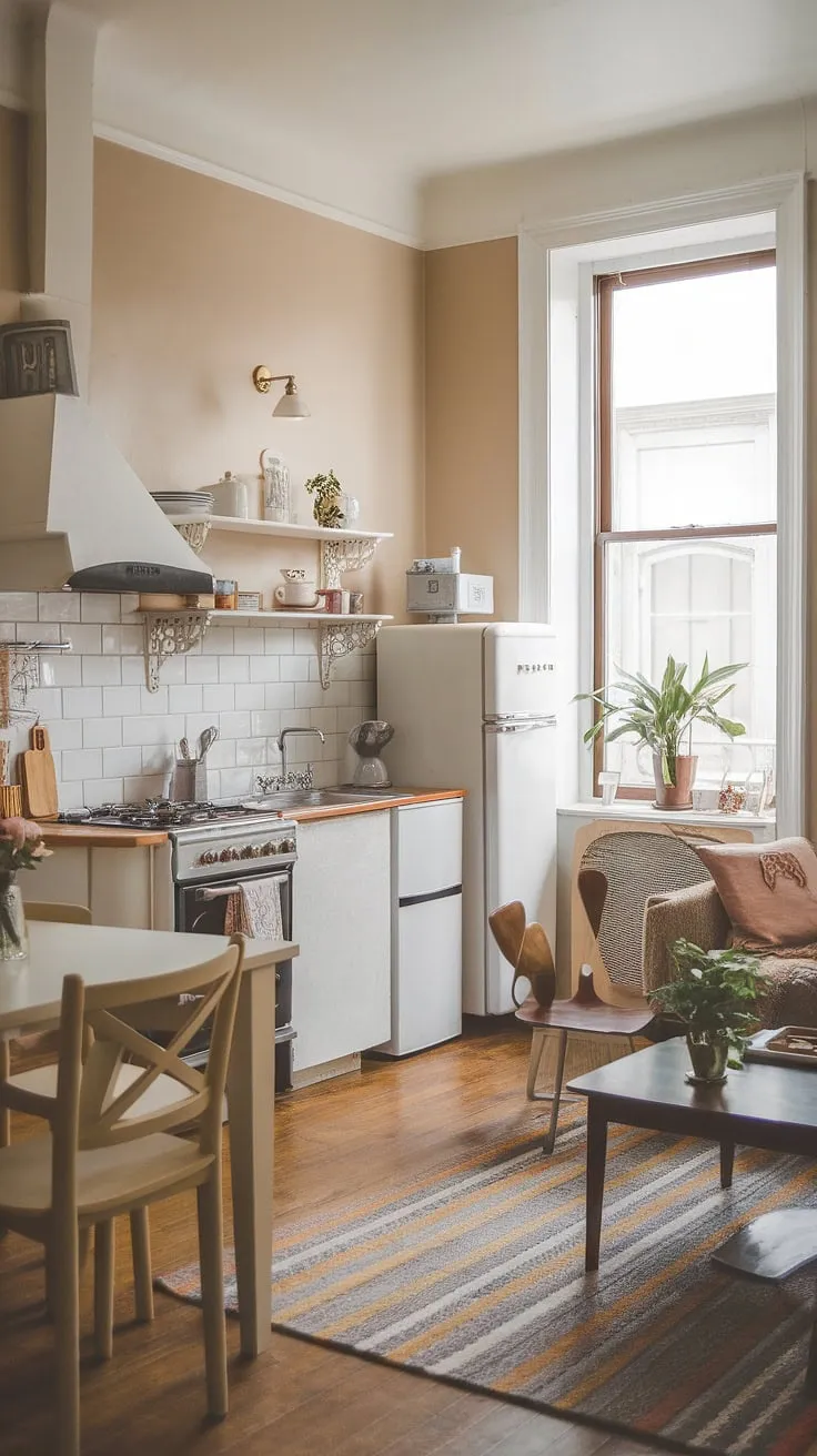 This cottagecore studio apartment is the epitome of cozy feminine apartment living.  Small space living has never looked so charming;  the perfect romcom apartment aesthetic awaits in this small studio apartment inspiration, a delightful cottage apartment brimming with personality.