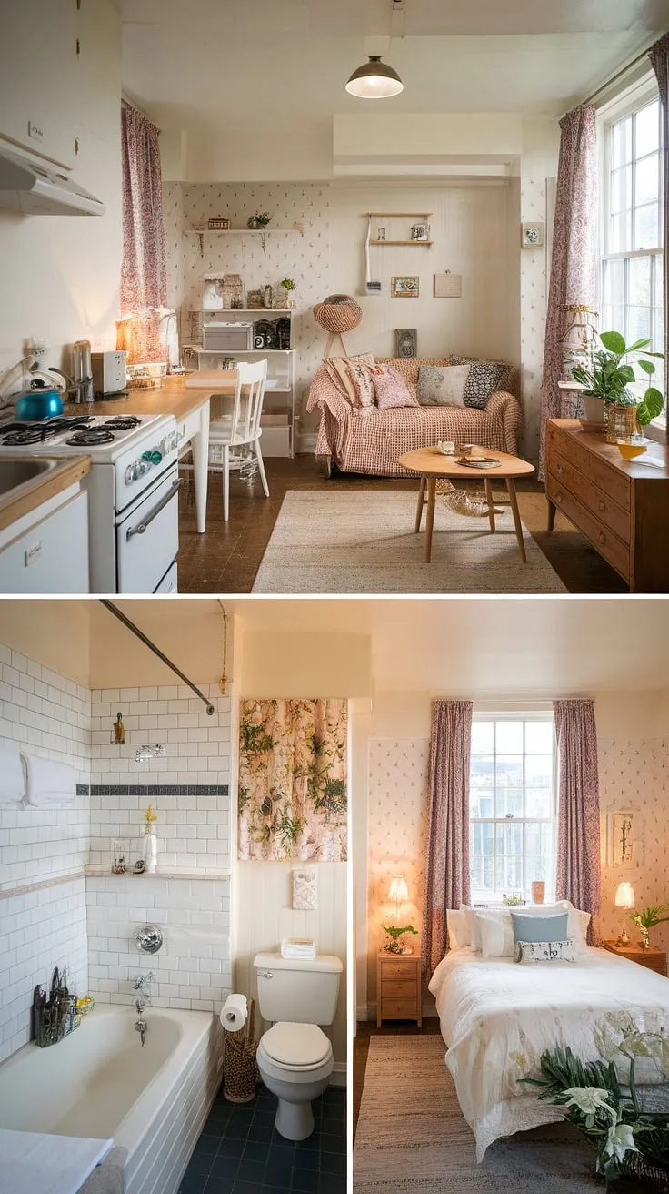 This cozy feminine apartment, a perfect blend of cottagecore studio apartment and romcom aesthetic, proves that even a small studio apartment can be brimming with charm and personality.  It's the ultimate cottage apartment inspiration for creating a space that feels both spacious and inviting.