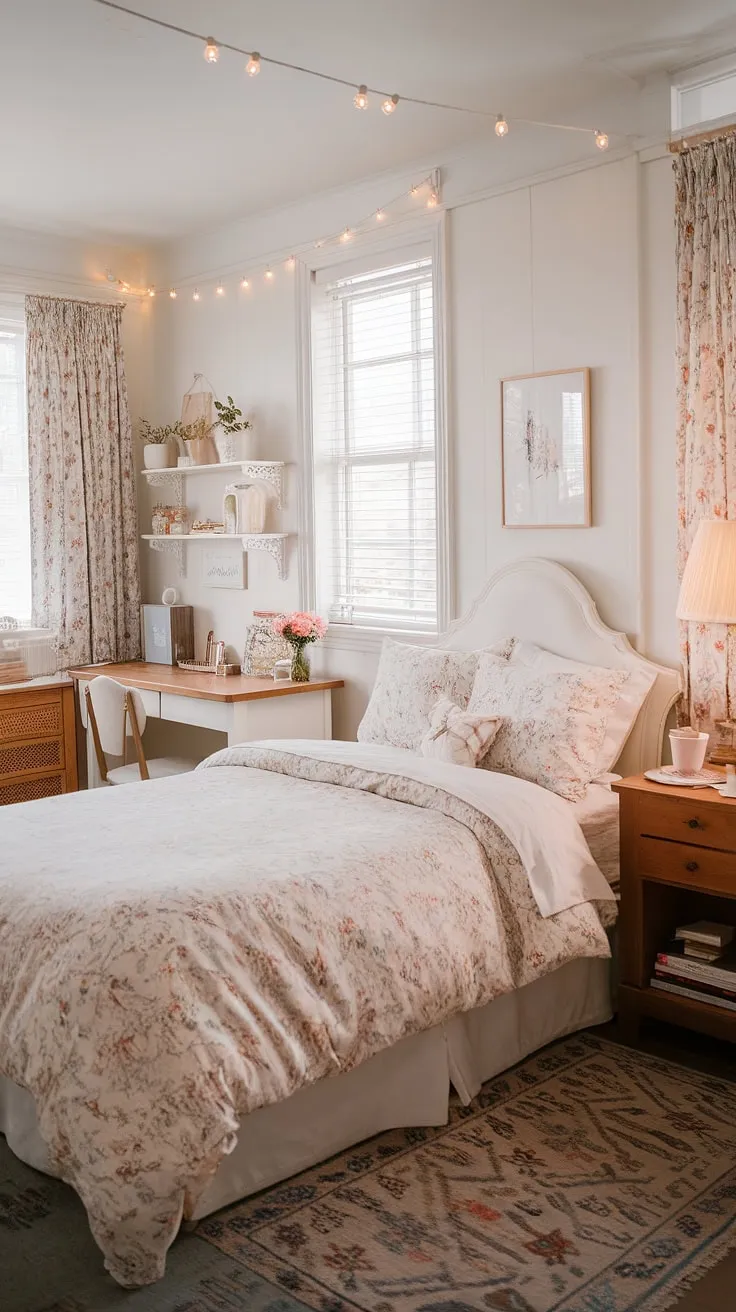Escape to this cozy feminine apartment, a perfect blend of cottagecore charm and romcom aesthetic.  This small studio apartment inspiration proves that even a cottage apartment can be spacious and stylish.