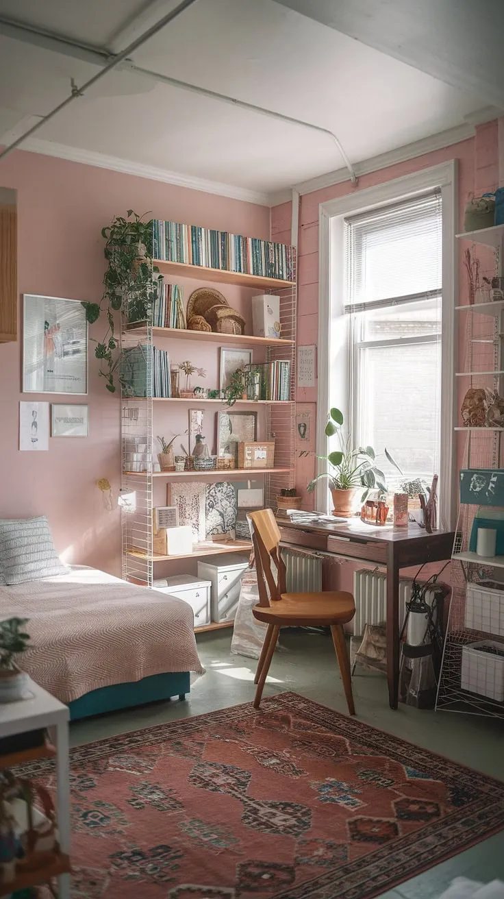 Dreamy cottagecore studio apartment goals! This small studio apartment inspiration shows how to maximize space and style in a cozy feminine apartment.  The soft pastel walls and natural light create the perfect romcom apartment aesthetic – a haven of peace and tranquility.
