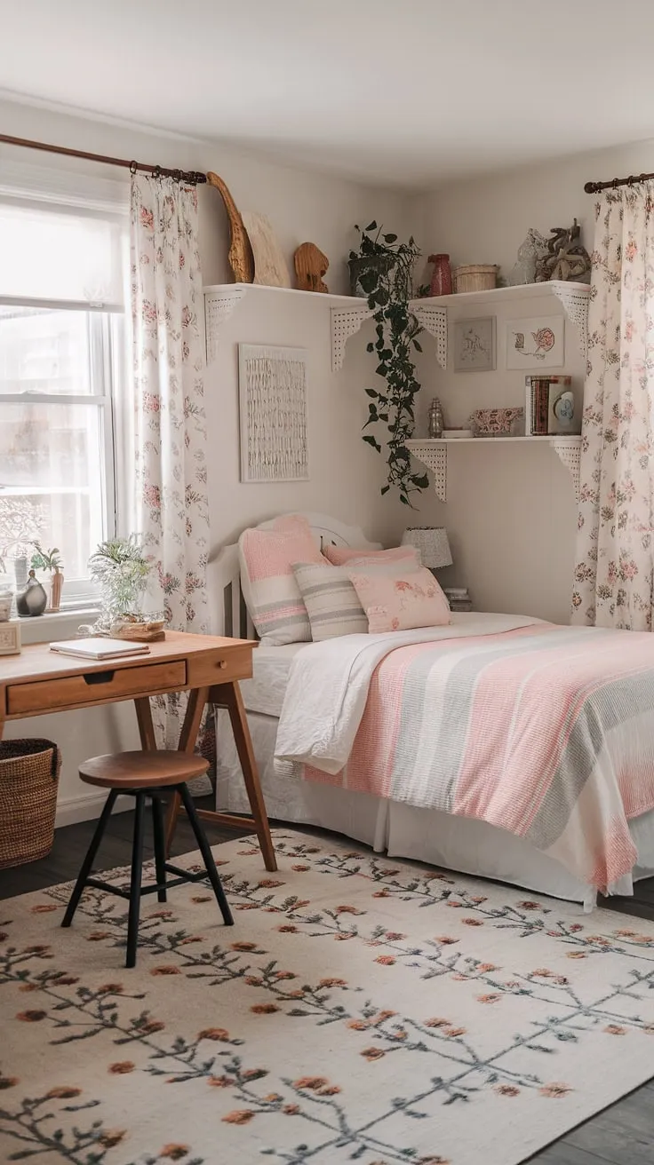 This cozy feminine apartment, a perfect blend of cottagecore studio apartment and romcom aesthetic, proves that even a small studio apartment can be brimming with charm and personality.  Cottage apartment living at its finest!