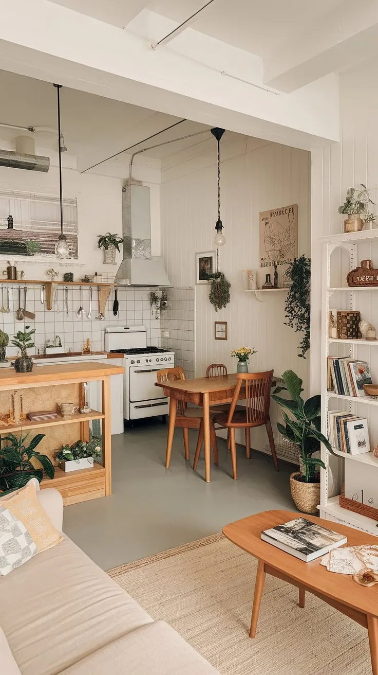 This cottagecore studio apartment is the epitome of cozy feminine apartment living.  Imagine curling up on the beige couch in this small studio apartment inspiration, the perfect setting for a romcom movie night in your own charming cottage apartment.