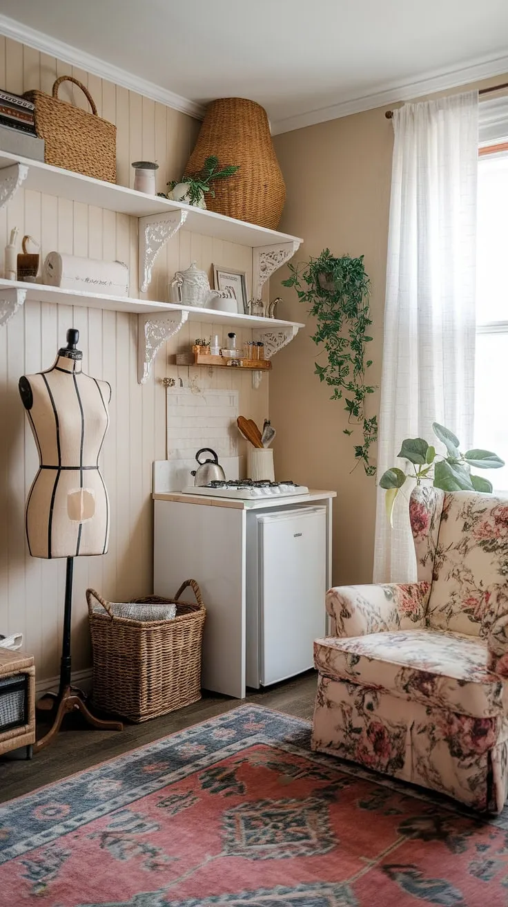 This cozy feminine apartment, a perfect blend of cottagecore studio apartment and romcom apartment aesthetic, proves that even a small studio apartment can be brimming with charm and personality.  It's the ultimate cottage apartment inspiration.