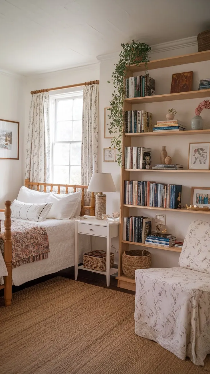 This cozy feminine apartment is pure romcom goals!  Imagine waking up in this cottagecore studio apartment – the perfect blend of rustic charm and small studio apartment inspiration.