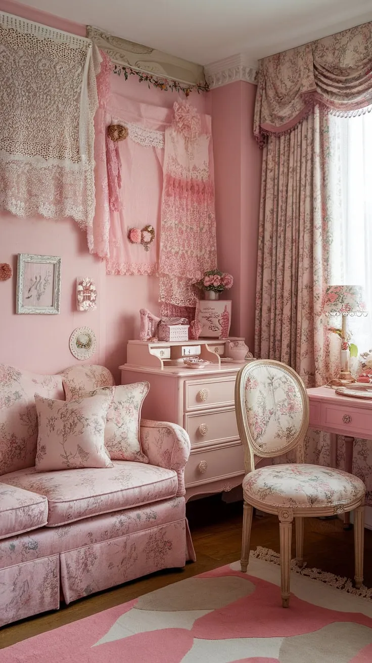 This cozy feminine apartment is cottagecore goals!  The soft pink and beige palette, delicate lace, and floral accents transform this small studio apartment into a romantic haven.  Pure romcom apartment aesthetic inspiration.