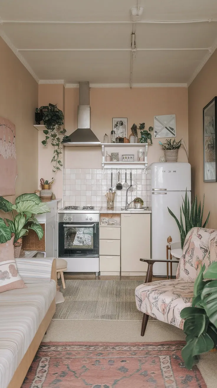 This cozy feminine apartment, a perfect blend of cottagecore studio apartment and romcom aesthetic, proves that even a small studio apartment can be brimming with charm and personality.  Cottage apartment living at its finest!