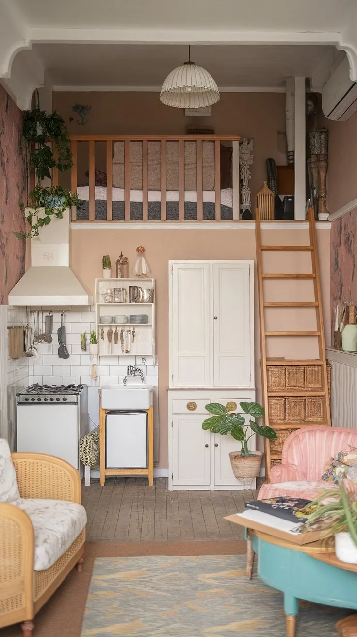 This cottagecore studio apartment is the epitome of cozy feminine apartment living.  Its romantic comedy apartment aesthetic is effortlessly chic, proving that small studio apartment inspiration can be both beautiful and functional.
