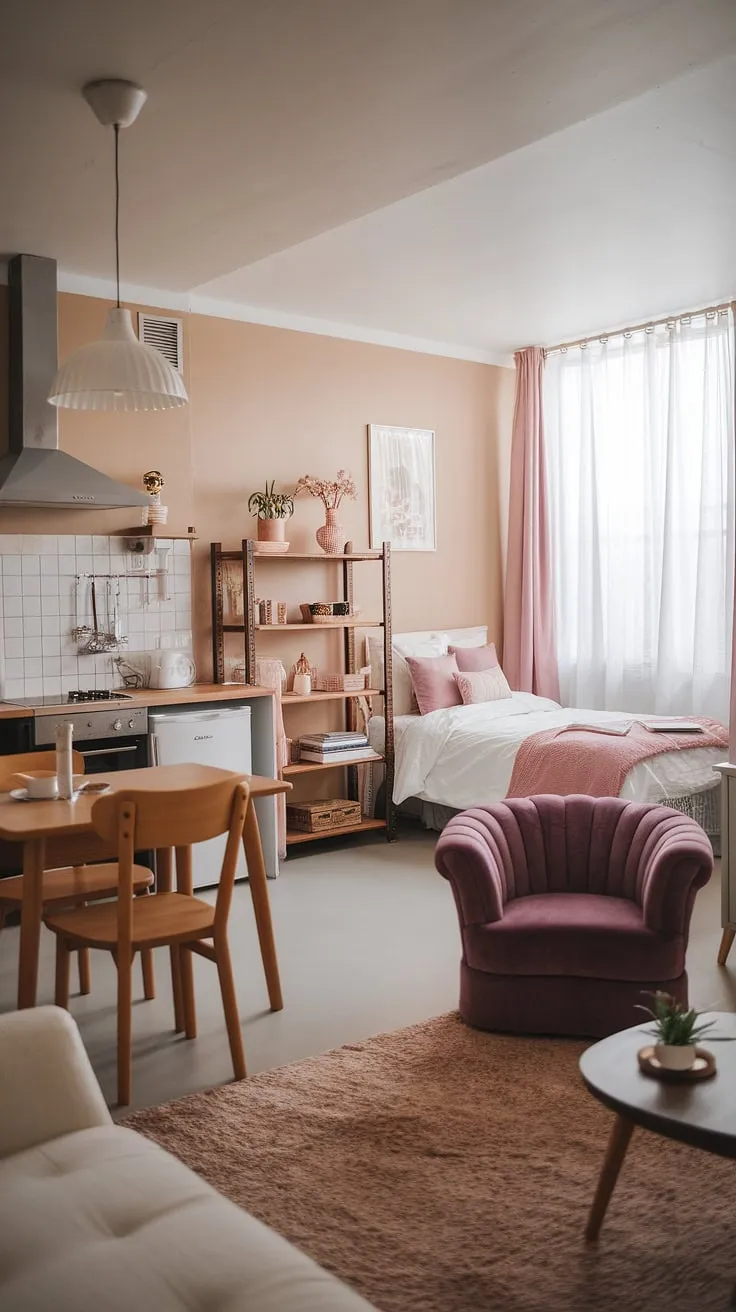 Small studio apartment inspiration doesn't get much cuter than this!  The cottage apartment vibe, complete with its romcom apartment aesthetic and cozy feminine details, makes this space feel incredibly spacious and inviting.  A true cottagecore studio apartment dream.