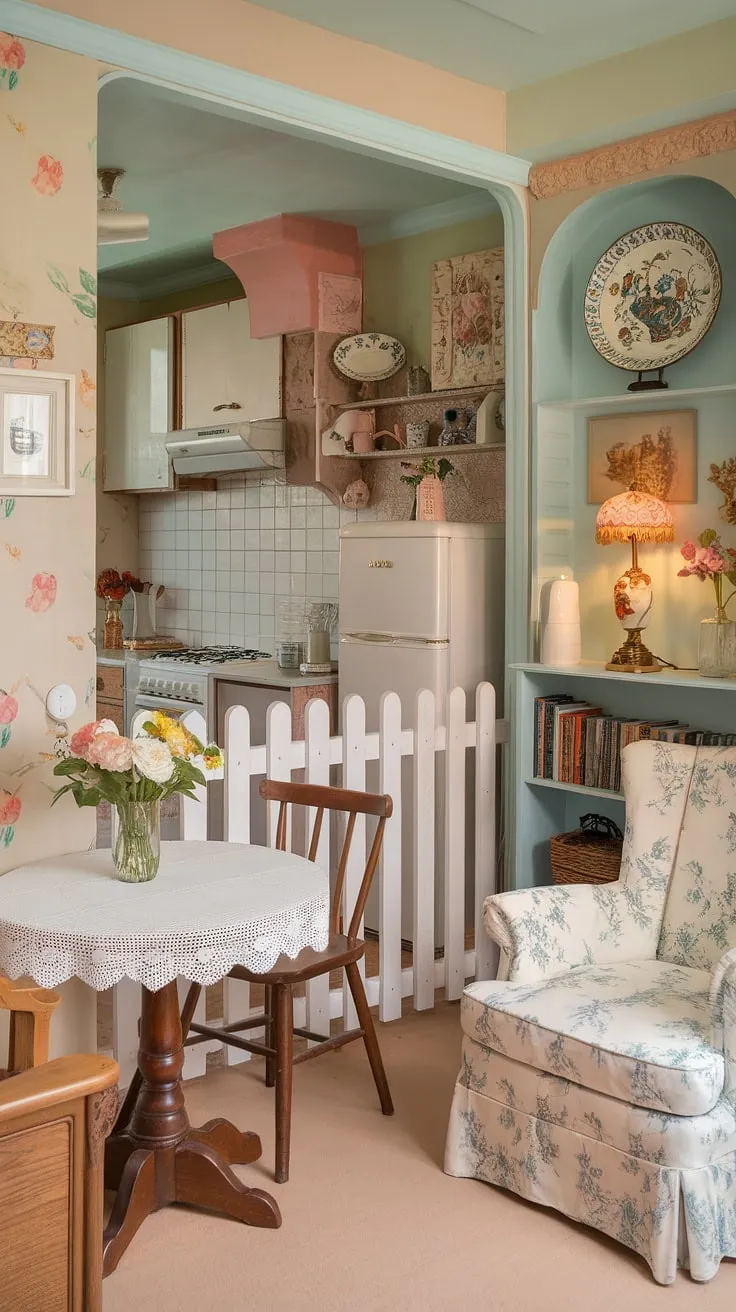 This cottagecore studio apartment is the epitome of cozy feminine apartment living.  A small studio apartment inspiration, it's the perfect blend of charm and practicality, ready for its own romcom scene.