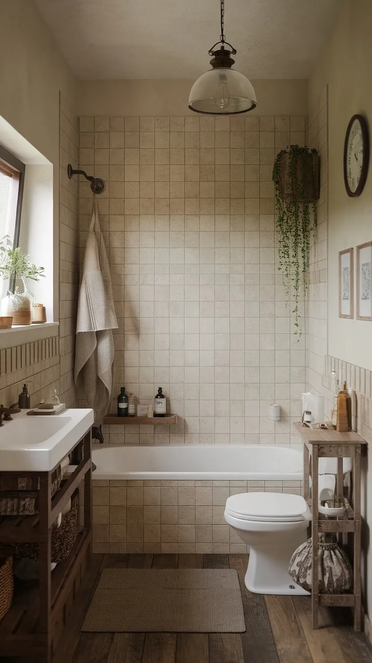 A cozy farmhouse-style bathroom boasts beige tiles, wood floors, and a tranquil atmosphere.