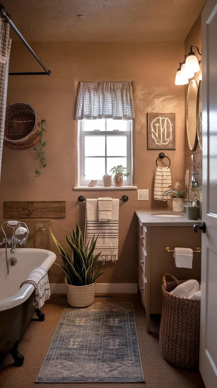 Earthy textures and vintage charm create a cozy cottage bathroom retreat