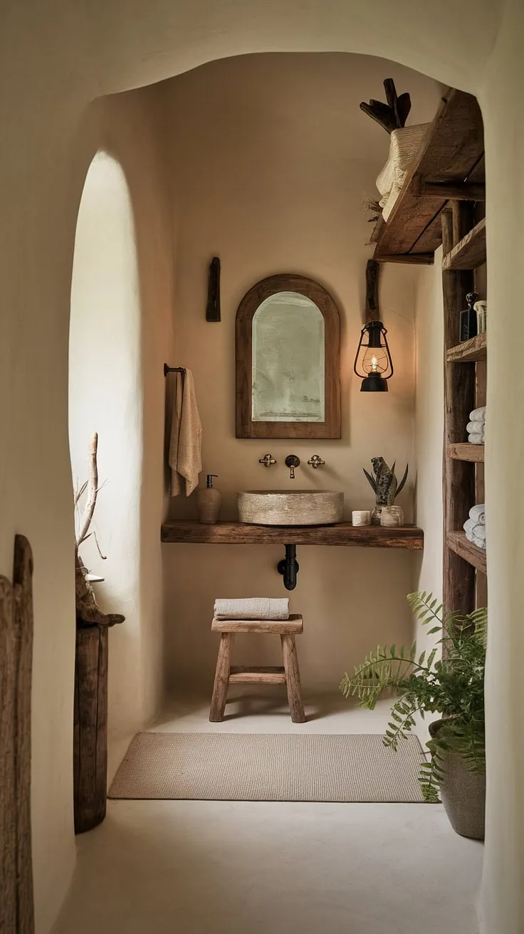 A calm, beige farmhouse bathroom features aged wood, a vintage mirror, and a touch of greenery.