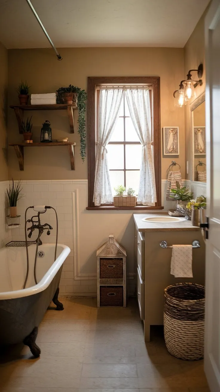 Warm lighting and earthy tones create a cozy, intimate cottage bathroom atmosphere